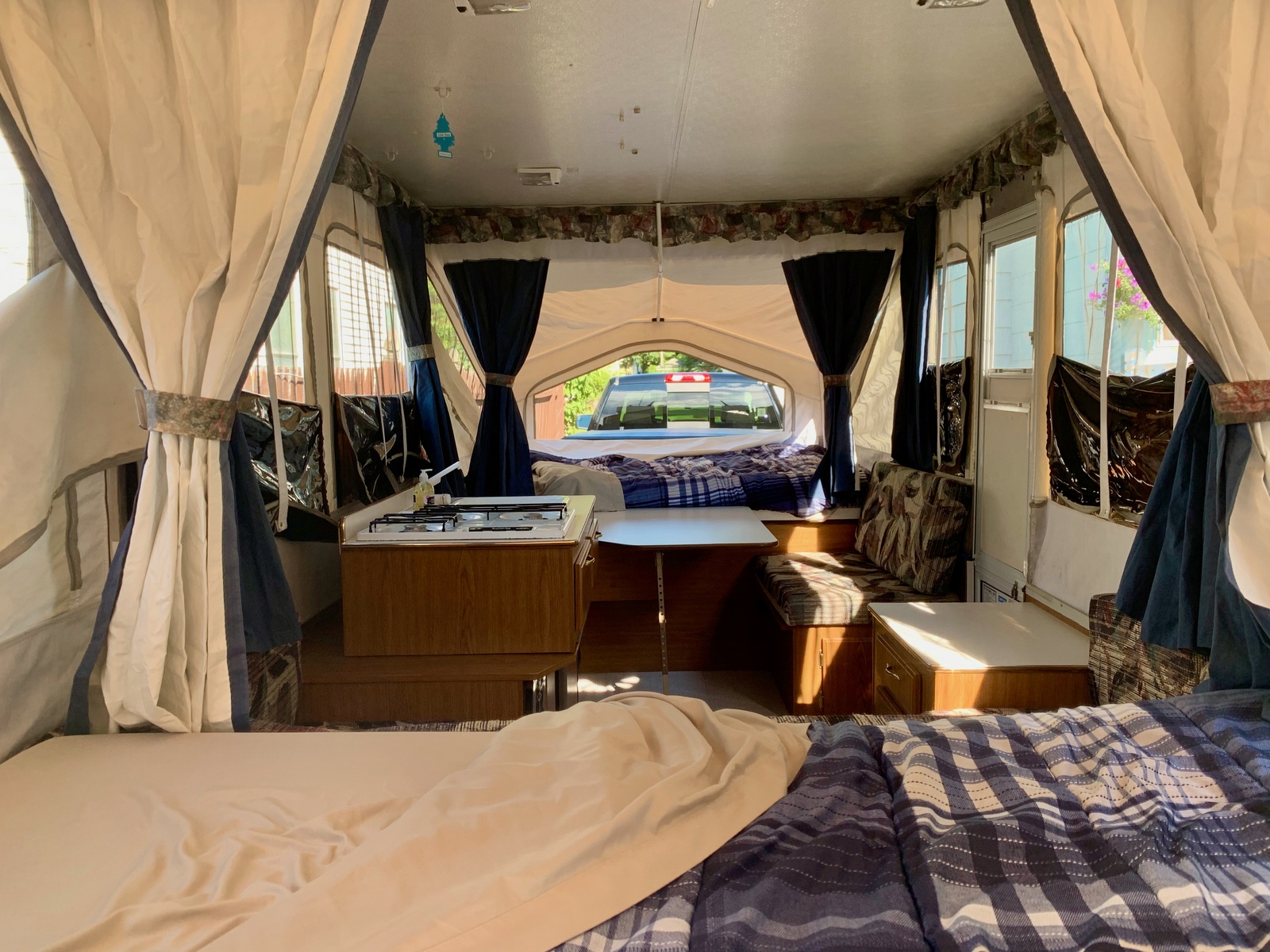 Pepper the Popup interior with sink and stove