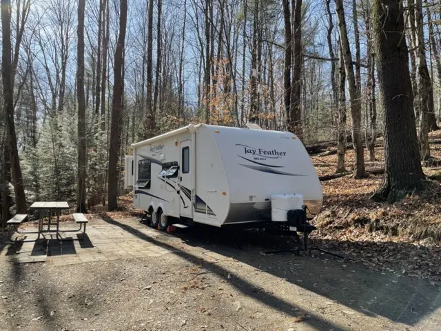 camping service delivered and setup of RV Rental trailer Blue Jay Getaway located at Kindlewood Camping in the Berkshires of Western Massachusetts