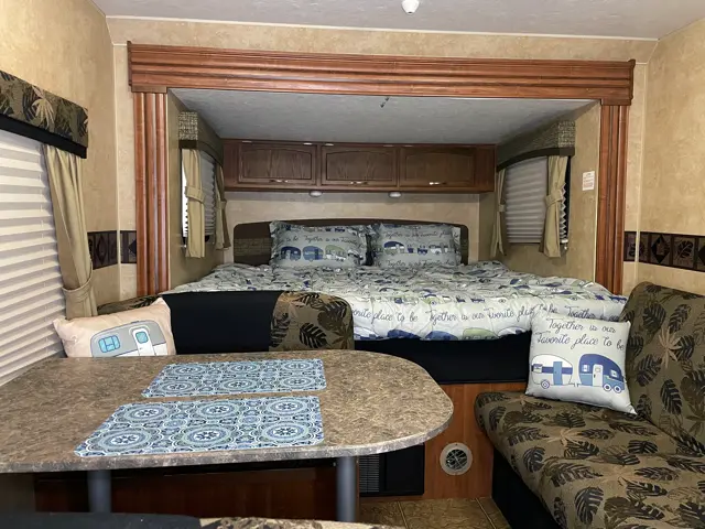 Interior set up of RV Rental trailer Blue Jay Getaway located at Kindlewood Camping in the Berkshires of Western Massachusetts