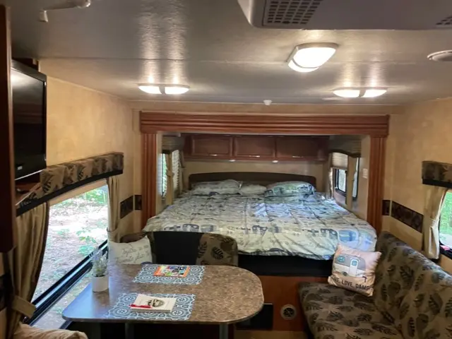 Interior explore RV Rental trailer Blue Jay Getaway located at Kindlewood Camping in the Berkshires of Western Massachusetts