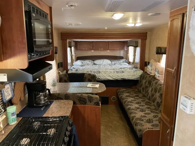 interior set up of RV Rental trailer Blue Jay Getaway located at Kindlewood Camping in the Berkshires of Western Massachusetts