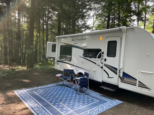 Delivered and set up RV Rental trailer Blue Jay Getaway located at Kindlewood Camping in the Berkshires of Western Massachusetts