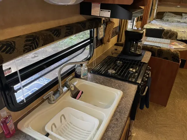 Kitchen set up of RV Rental trailer Blue Jay Getaway located at Kindlewood Camping in the Berkshires of Western Massachusetts