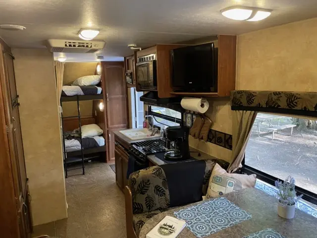 Kitchen coffee of RV Rental trailer Blue Jay Getaway located at Kindlewood Camping in the Berkshires of Western Massachusetts