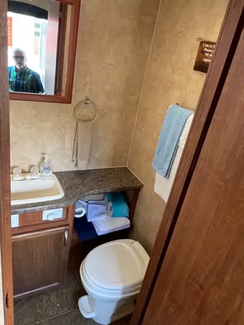 Blue Jay Getaway setup bathroom toilet, sink and shower