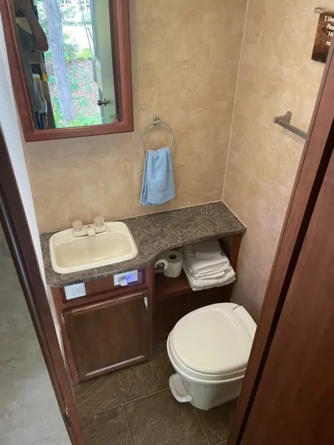 Bathroom of RV Rental trailer Blue Jay Getaway located at Kindlewood Camping in the Berkshires of Western Massachusetts