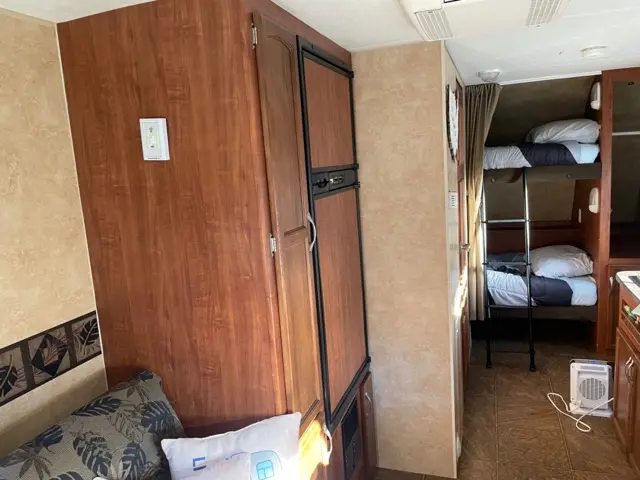 Kitchen of RV Rental trailer Blue Jay Getaway located at Kindlewood Camping in the Berkshires of Western Massachusetts