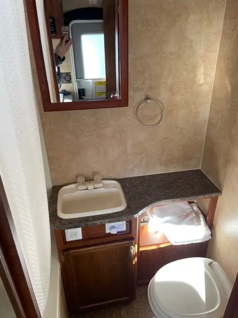 Bathroom comfort of RV Rental trailer Blue Jay Getaway located at Kindlewood Camping in the Berkshires of Western Massachusetts